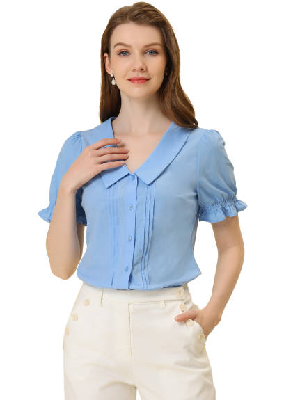 Allegra K- Lapel Pleated Short Sleeve Blouse