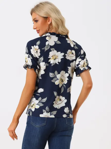 Allegra K- Floral Short Sleeve Ruffle Neck Blouse