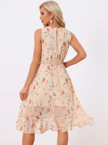 Allegra K- Ruffle Hem Smock Back Waist Floral Wrap Dress