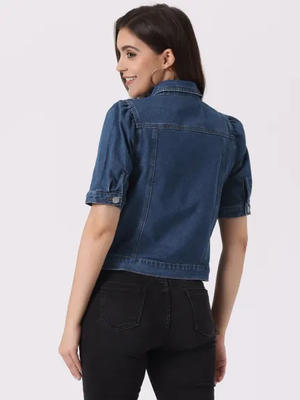 Allegra K- Veste en jean courte boutonnée