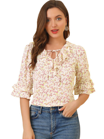 Allegra K - Tie Neck Elbow Sleeve Floral Chiffon Blouse