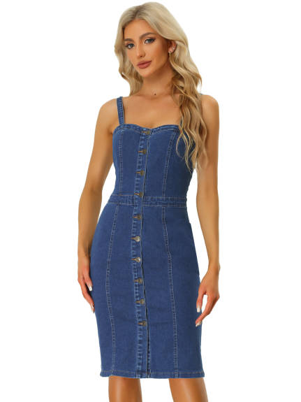 Allegra K- Button Down Sleeveless Sweetheart Neck Denim Dress