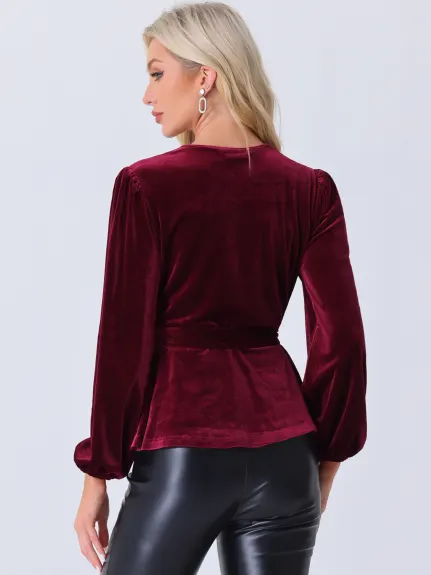 Allegra K - Velvet Wrap Tie Waist Peplum Blouse