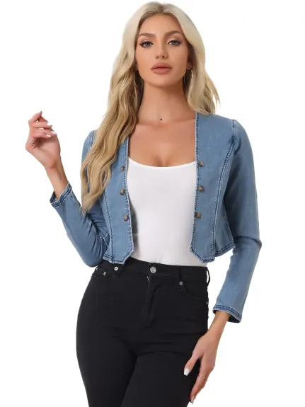 Allegra K- Veste courte sans col ouverte sur le devant en denim