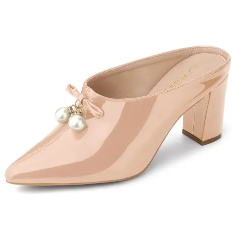 Allegra K- Pointed Toe Pearl Bow Chunky Heel Slide Mules