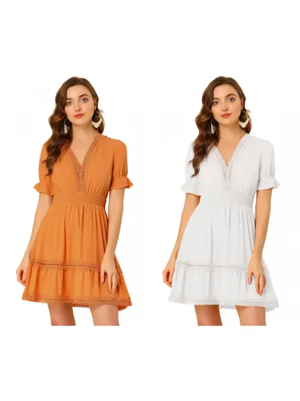 Allegra K- Boho V Neck Smocked Elastic Waist Short Sleeve Mini Dress