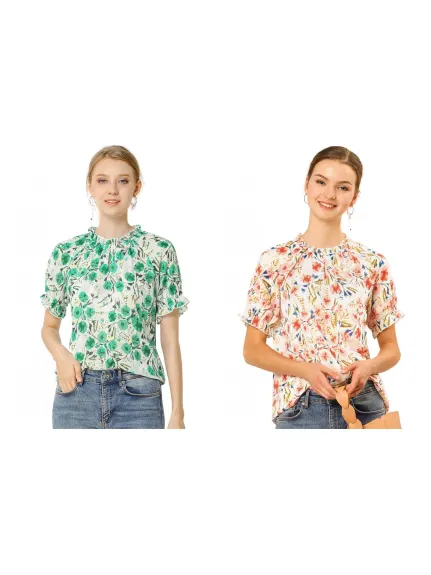 Allegra K- Blouse florale à manches courtes et col à volants