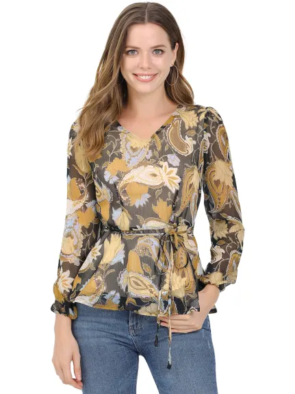 Allegra K - Floral Peplum V Neck Chiffon Long Sleeve Blouse