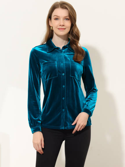 Allegra K- Pocket Front Long Sleeve Velvet Shirt