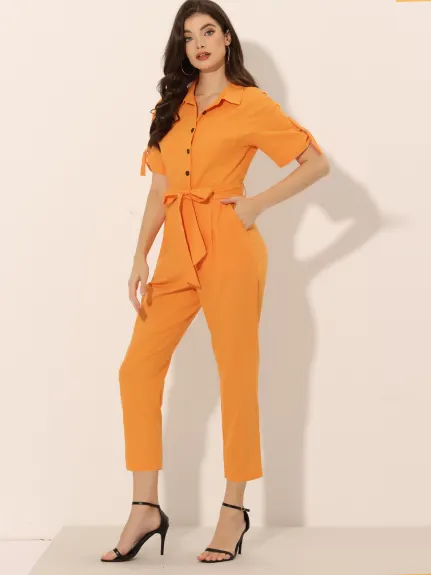 Allegra K- Turndown Collar Button up Tie Waist Cargo Jumpsuit