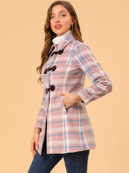 Allegra K- Turn Down Collar Plaid Toggle Duffle Long Overcoat