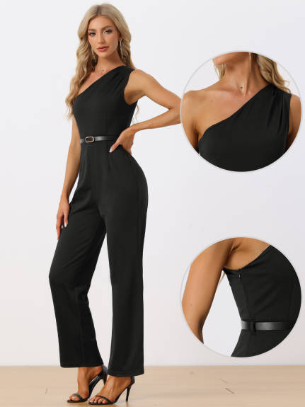 Allegra K - Elegant One-Shoulder Belted Jumpsuit