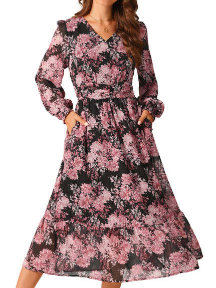 Allegra K - Long Sleeve Chiffon Flowy Floral Dress