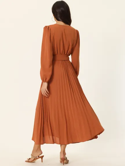 Allegra K- Pleated Puff Long Sleeve V Neck Belt Waist Midi Dress