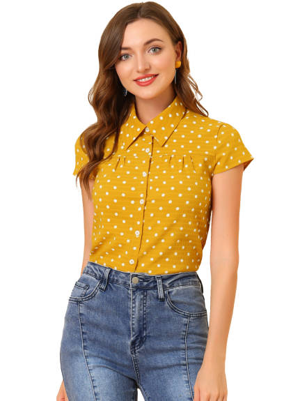 Allegra K- Point Collar Polka Dots Summer Shirt