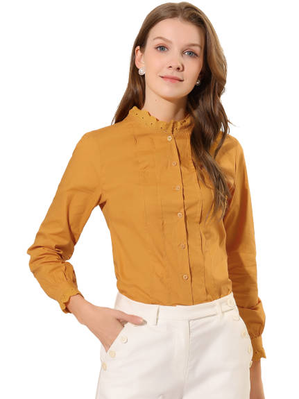 Allegra K- Lace Mock Neck Long Sleeve Cotton Shirt