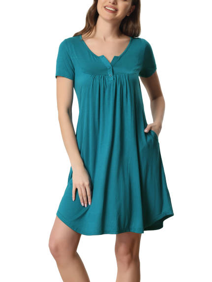 cheibear - Button with Pockets Short Sleeve Nightgown