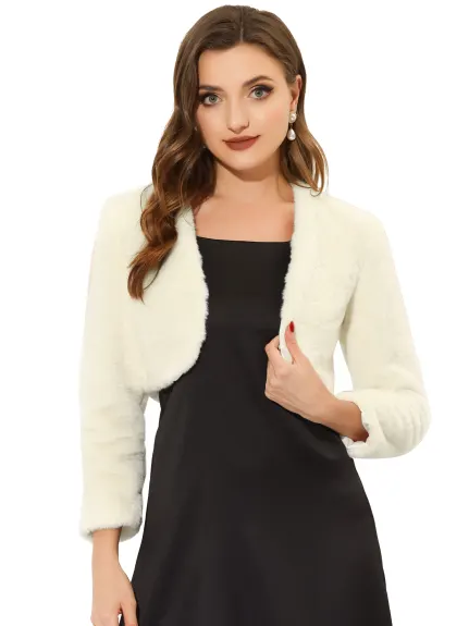 Allegra K - CollarlessOpen Front Faux Fur Shrug Cropped Coat