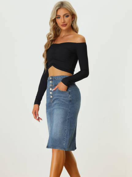 Allegra K - Split High Waist Denim Pencil Skirt