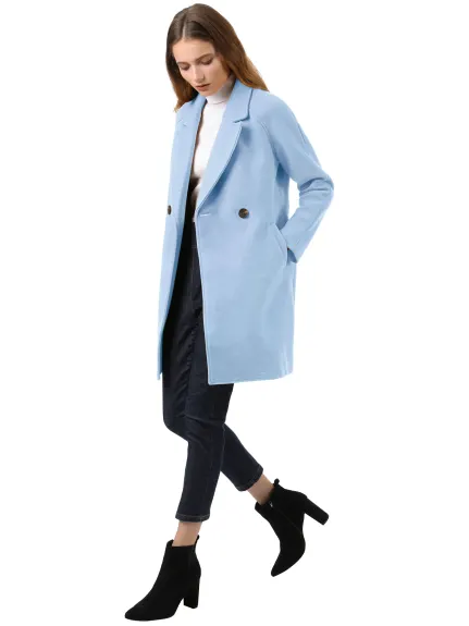 Allegra K- Double Breasted Lapel Raglan Sleeve Mid Length Overcoat