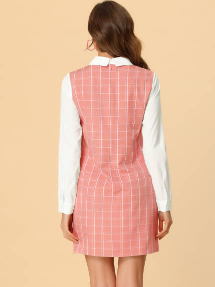 Allegra K- Peter Pan Collar Long Sleeve Check Shift Dress