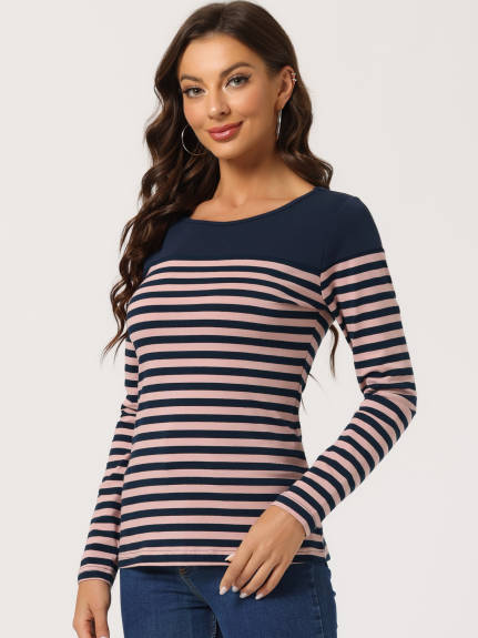 Allegra K- Color Block Long Sleeve Stripe T-Shirt