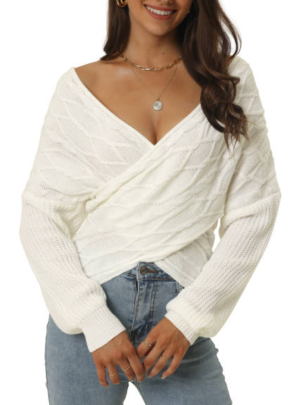 Allegra K- V Neck Off Shoulder Asymmetric Hem Cable Knitted Crop Sweater