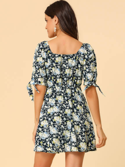 Allegra K- Floral Sweetheart Neck Flare A-Line Mini Dress