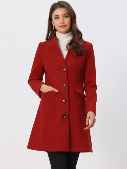 Allegra K- Overcoat V Neck Single Breasted Long Coat