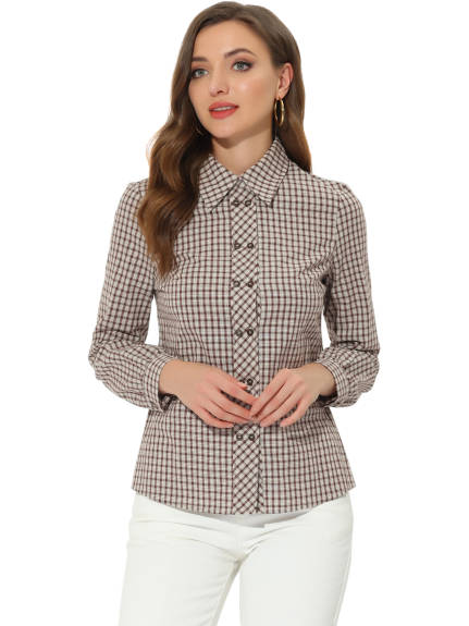 Allegra K- Plaid Point Collar Long Sleeve Double Breasted Shirt