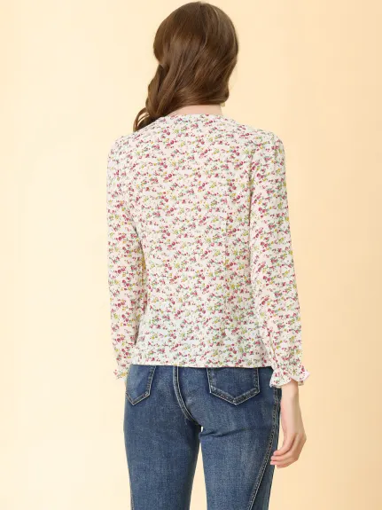 Allegra K - Lace Trim Long Sleeve Casual Floral Top