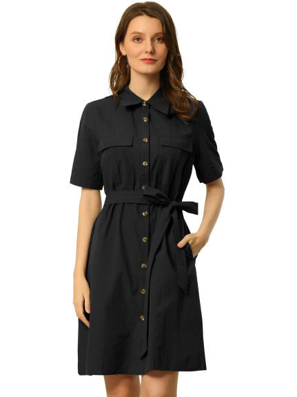 Allegra K- Button Down Safari Pocket Belted Shirt dress