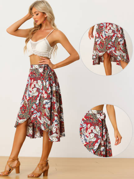 Allegra K- Floral Boho Wrap Midi Skirt