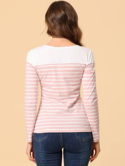 Allegra K- Color Block Long Sleeve Stripe T-Shirt