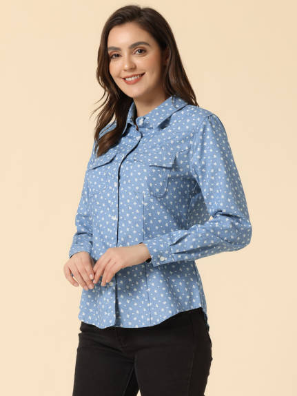 Allegra K- Denim Poplin Point Collar Shirt