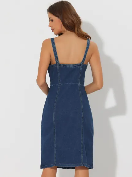 Allegra K- Button Down Sleeveless Sweetheart Neck Denim Dress