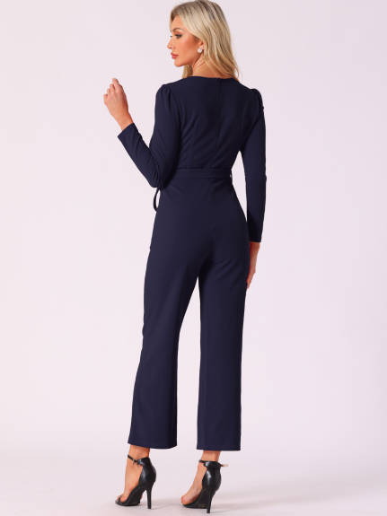 Allegra K - V Neck Long Sleeve Tie Waist Jumpsuit