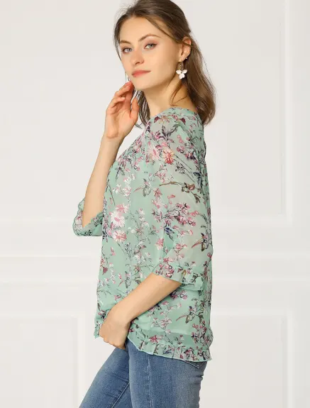 Allegra K- Floral Ruffled 3/4 Sleeve Chiffon Blouse