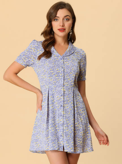 Allegra K- Floral Short Sleeve Button Flare Shirt Dress