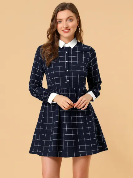 Allegra K- Plaid Button Up Shift Shirt Dress