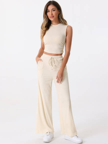 Allegra K - Crop Tank Top Wide Leg Pants Lounge Set