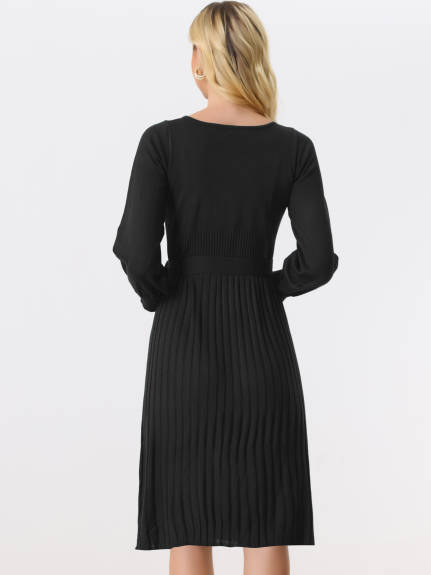 Allegra K- Knit Belted Crew Neck Lantern Sleeves Sweater Dress