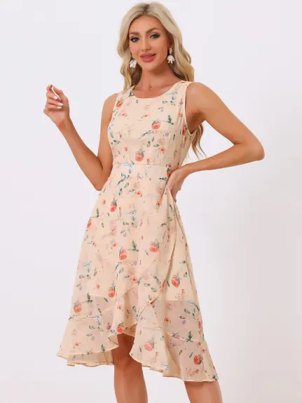 Allegra K- Ruffle Hem Smock Back Waist Floral Wrap Dress