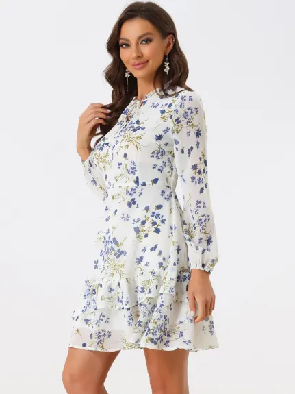 Allegra K- Floral Tie Neck Tiered Mini Chiffon Dress