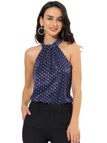 Allegra K - Satin Polka Dots Halter Neck Elegant Top