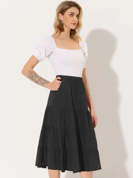 Allegra K- Elastic Waist Tiered A-Line Midi Skirt