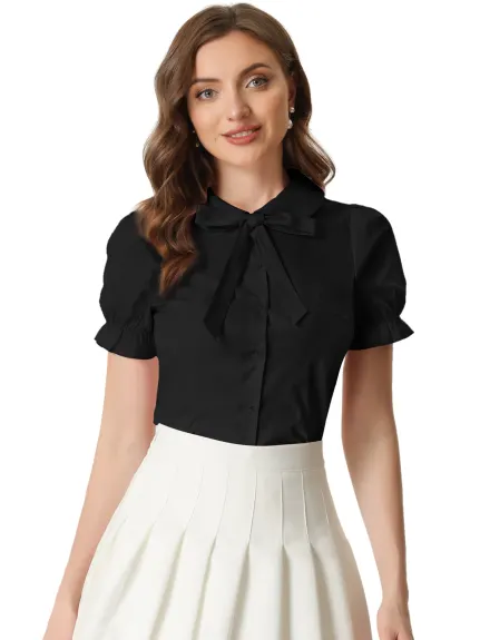 Allegra K- Puff Short Sleeve Tie Neck Shirt