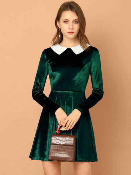 Allegra K- Velvet Long Sleeve Peter Pan Collar Flare Dress