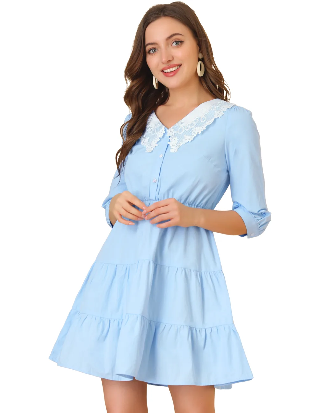 Allegra K- Lace Collar Half Placket Cotton Tiered Dress