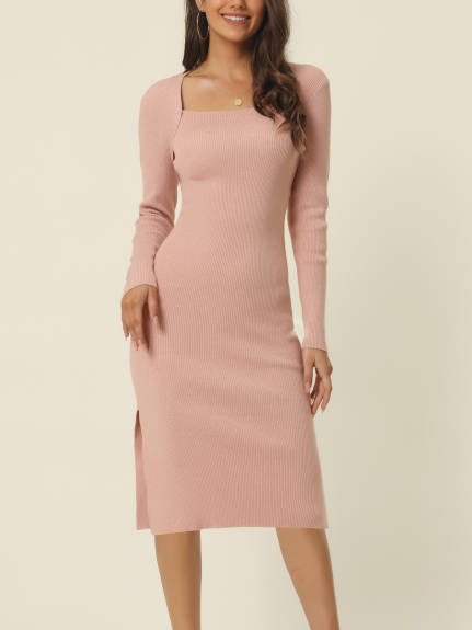 Allegra K - Square Neck Long Sleeve Ribbed Knit Dress